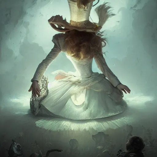 Image similar to alice in wonderland, high detail, dramatic light, digital art, chiaroscuro, painted by seb mckinnon and greg rutkowski, trending on artstation