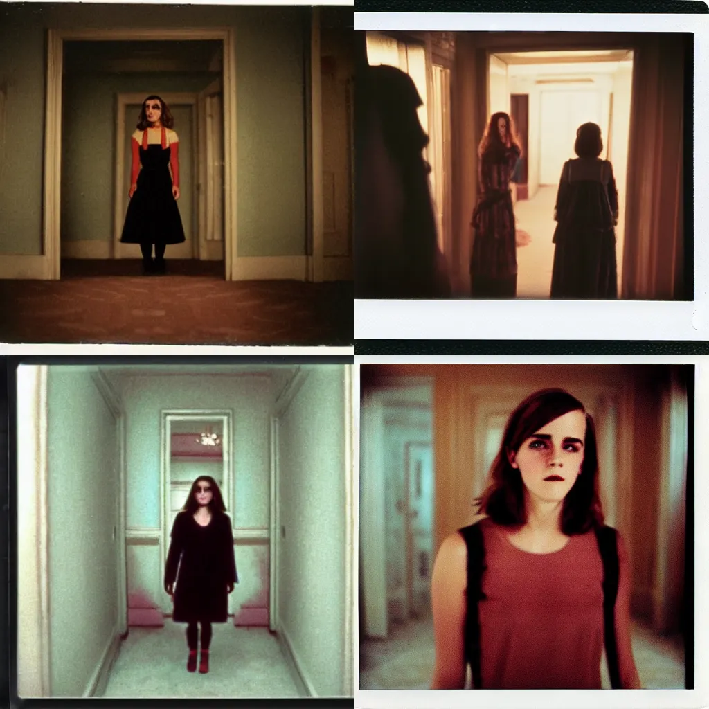 Prompt: color polaroid of Emma Watson horror film The Shining wandering in the Overlook Hotel by Andrei Tarkovsky