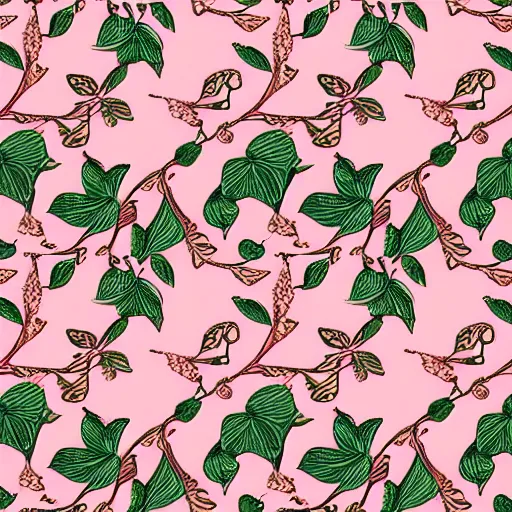 Image similar to repeating fabric pattern, minimalistic, miniature tiny peach color flowers, green vines and leaves
