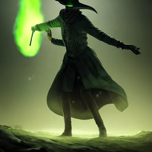 Image similar to portrait of a feminine plague doctor, front angle, green glowing eyes and background with detailed fog background and foreground, stunning 3 d render inspired art by greg rutkowski and xiang duan and thomas eakes, realistic, highly detailed attributes and atmosphere, dim volumetric cinematic lighting, 8 k octane detailed render, post - processing, masterpiece, soft vignette