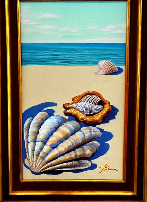 Prompt: she sells sea shells by the sea shore; painting by John foster.