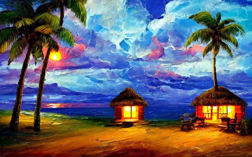 Image similar to a very very small island! cute cozy cottage!! and lanterns!!!, chairs, fireplace, palm trees, dark very late evening cloudy sunset, dramatic and dynamic lighting, thick brush strokes oil impasto painting