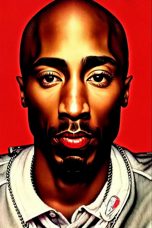 Prompt: tupac shakur portrait by gil elvgren and norman rockwell and rob gonsalves and hajime sorayama, hyperrealistic, high detail, ultra detailed, highly detailed face, ruffled fabric