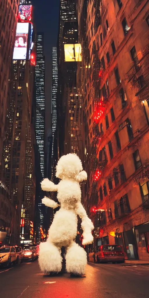 Image similar to fluffy puppet im new york at night with red lights as eyes