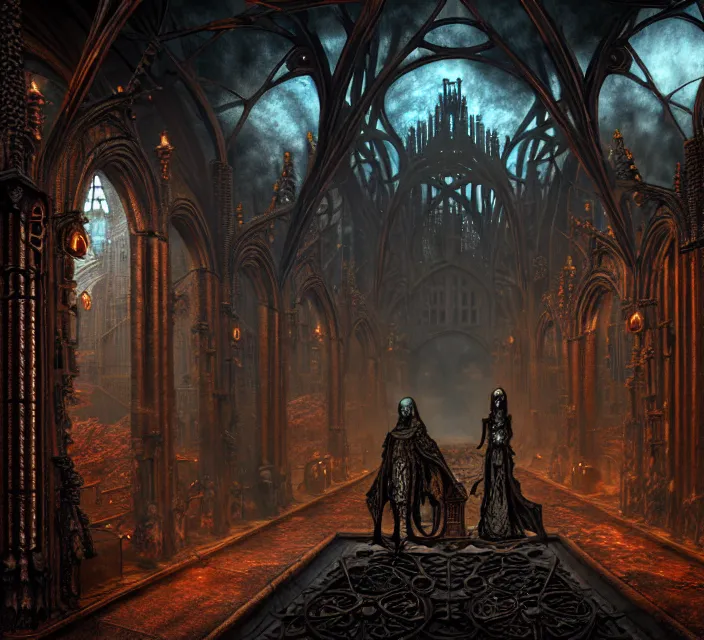 Image similar to steam necropolis, memento mori, gothic, neo - gothic, art nouveau, hyperdetailed copper patina medieval icon, stefan morrell, philippe druillet, ralph mcquarrie, concept art, steampunk, unreal engine, detailed intricate environment, octane render, moody atmospherics, volumetric lighting, ultrasharp, ominous, otherworldly