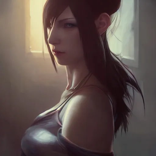 Image similar to seductive Tifa Lockhart portrait, atmospheric lighting, painted, intricate, highly detailed by Leesha Hannigan, Ross Tran, Thierry Doizon, Kai Carpenter,Ignacio Fernández Ríos