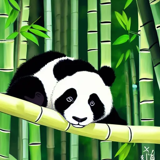 Image similar to A baby panda sleeping in a bamboo forest by studio ghibli, highly detailed body, peaceful atmosphere , digital art , highly detailed , high contrast, beautiful lighting, award winning , trending on art station, photorealistic, 8k