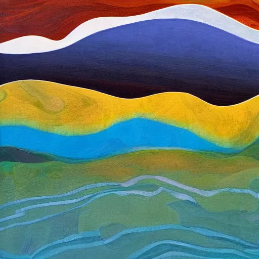 Image similar to A wild modernist landscape painting. Wild energy patterns rippling in all directions. Curves, organic. Saturated color. Mountains. Clouds. Textured surface. Rushing water.