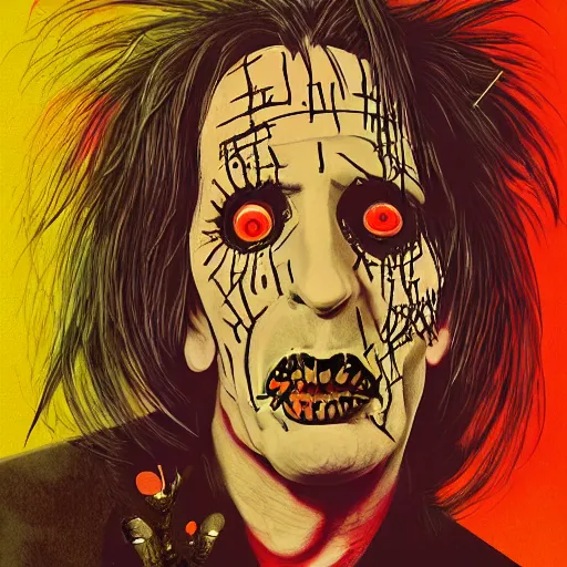 Image similar to graphic illustration, creative design, alice cooper as marilyn manson, biopunk, francis bacon, highly detailed, hunter s thompson, concept art, mixed media 1 6. 0