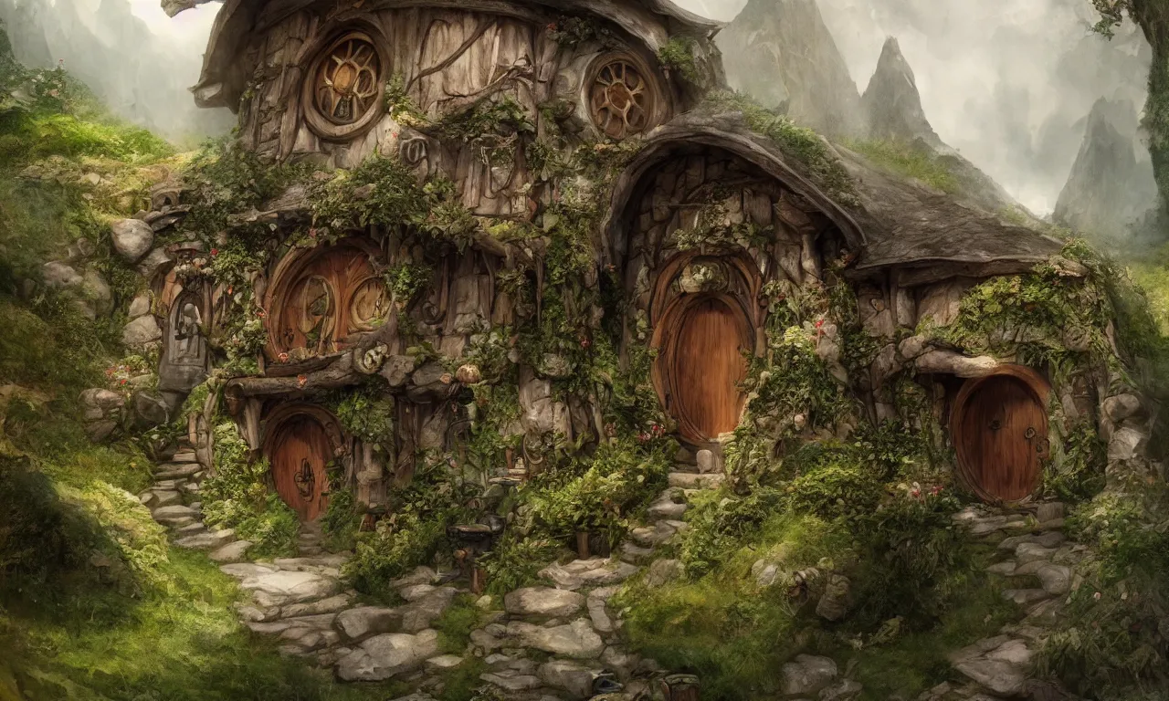 Image similar to The house of the Hobbit Bilbo Baggins, highly detailed, digital painting, artstation, concept art, smooth, sharp focus ilustration, Artstation HQ