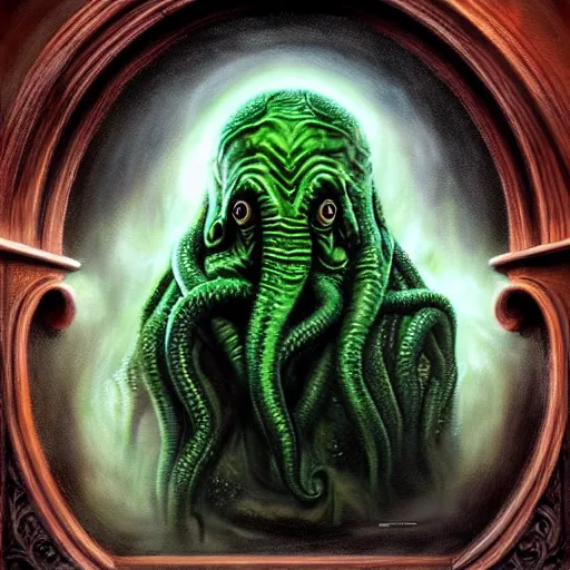 Prompt: John Oliver is Cthulhu. matte painting, hyper detailed, hyper realistic. by Leonardo Da Vinvi. portrait.