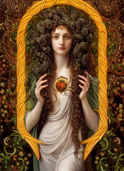 Image similar to ultradetailed ornate pre-raphaelite RPG illustration of beautiful symmetric Medusa radiating glowing aura, fully clothed with an art nouveau flowery dress, digital airbrush painting, 3d rim light, hyperrealistic masterpiece, artstation, cgsociety, kodakchrome, golden ratio