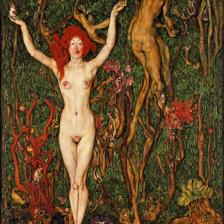 Prompt: a dryad venus, transforms herself into a beast. her face in strangely long and she has goat pupils. her skin is covered in scales and feathers. in the forest around her are colorful tropical birds and orchids. painted by jan van eyck, egon schiele and max ernst, trending on artstation, 8 k, award winning