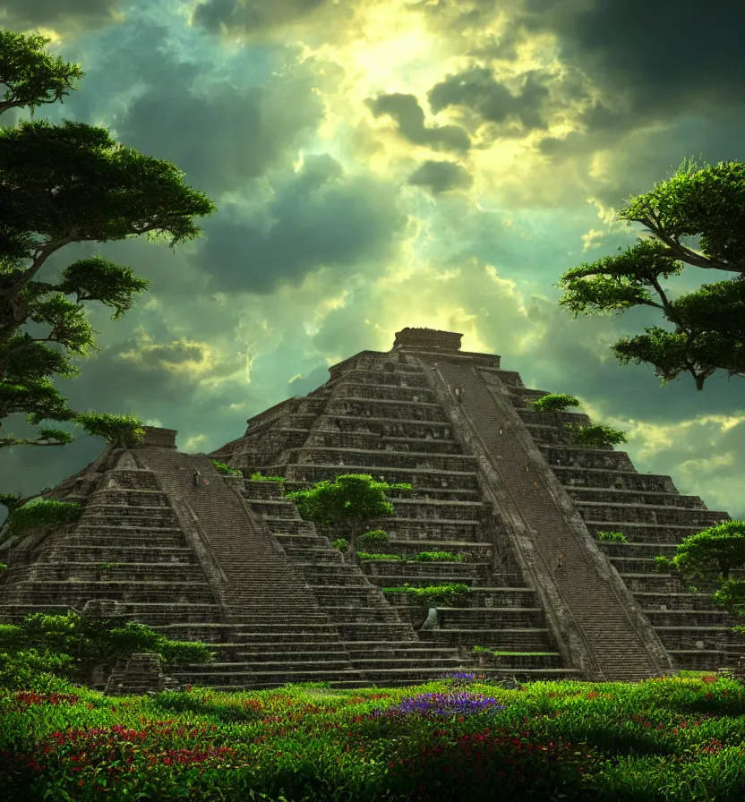 Prompt: environment of multiple detailed complex fractal architecture mayan pyramids in a vast garden wildflower landscape that meets the ocean, by glenn small, by albert bierstadt photorealism, hyper realism, octane render, unreal engine, volumetric light, depth of field, volumetric clouds, god rays, lens flares, detailed, intricate, twin motion, megascan, high resolution, realistic render