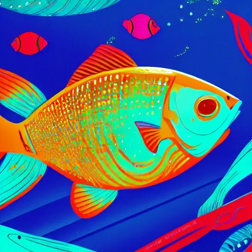 Image similar to one stylized fish with saturated colors viewed in profile in the dark ocean filled with complex sparkles and patterns, artstation, intricate, realistic, highly detailed, digital painting, concept art, sharp focus, illustration by tom whalen and charles williams and kilian eng and james jean