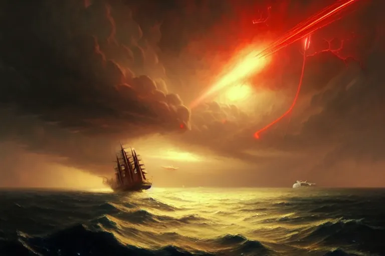 Prompt: A beautiful matte painting of huge spherical alien spaceship attacking with powerful red lasers a Sailship in ocean in thunderstorm, by greg rutkowski and ivan aivazovsky, trending on artstation, concept art