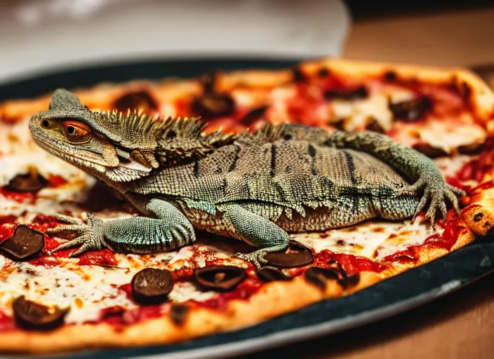 Prompt: dslr portrait still of a bearded dragon eating a peperoni pizza, 8 k 8 5 mm f 1. 4