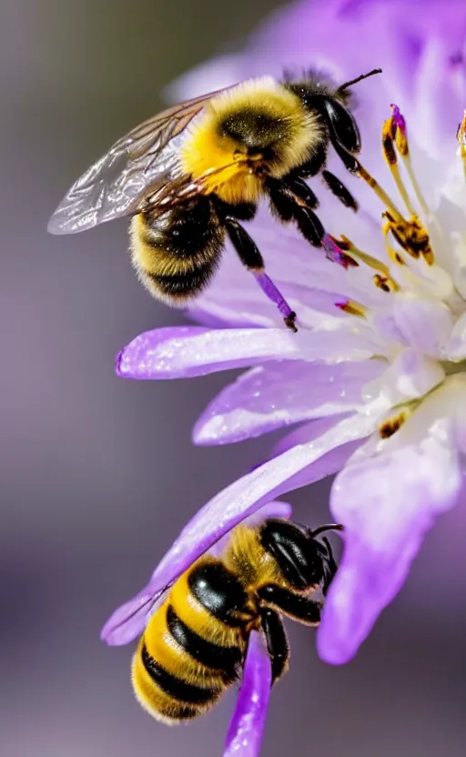 Image similar to a bee finding a beautiful flower, both entrapped in ice, only snow in the background, beautiful macro photography, ambient light