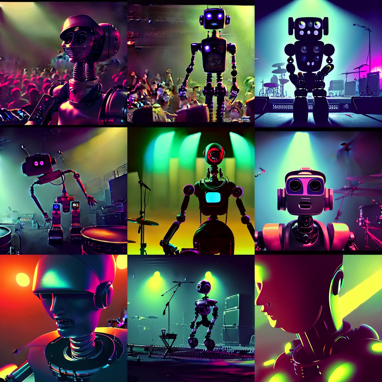 Prompt: a portrait of a robot musician in a punk rock concert, octane rendering, cinematic style, by beeple and craig mullins and ridley scott