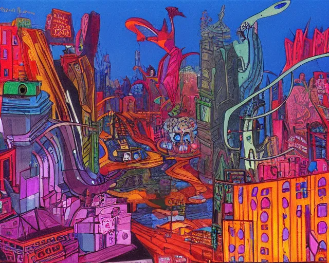 Image similar to surreal colorful nightmarish cityscape, artwork by ralph bakshi