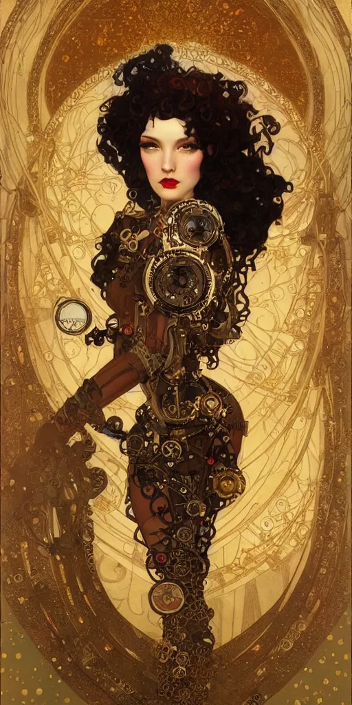 Image similar to prettiest woman with curly dark hair in steampunk costume, art deco, mucha klimt and tom bagshaw, art deco, rim lighting, low key lighting, character concept, oil painting, mike mignola