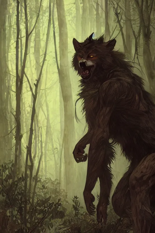 Image similar to fullbody portrait of a male werewolf, bared teeth, long claws, by greg rutkowski and alphonse mucha, gradient brown to silver, in front of a forest at night background, highly detailed, digital painting, artstation, concept art, smooth, sharp focus illustration