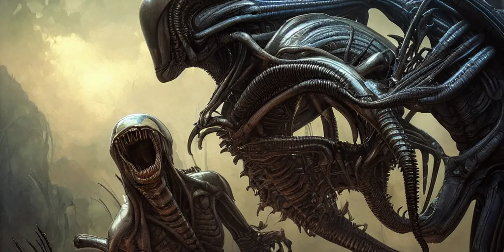 Image similar to Alien Vs Predator, super highly detailed, professional digital painting, artstation, concept art, smooth, sharp focus, no blur, no dof, extreme illustration, Unreal Engine 5, Photorealism, HD quality, 8k resolution, cinema 4d, 3D, beautiful, cinematic, art by artgerm and greg rutkowski and alphonse mucha and loish and WLOP