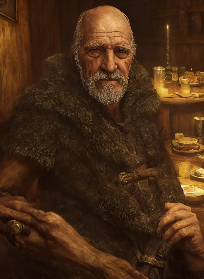 Image similar to a closeup portrait of an older man from skyrim sitting in a tavern, fantasy setting, tavern environment, serene colors, soft lighting, atmospheric, cinematic, moody, in the style of diego koi, gina heyer, luiz escanuela, art by alyssa monk, depth, hyperrealism, rule of thirds, golden ratio, oil on canvas, 8 k