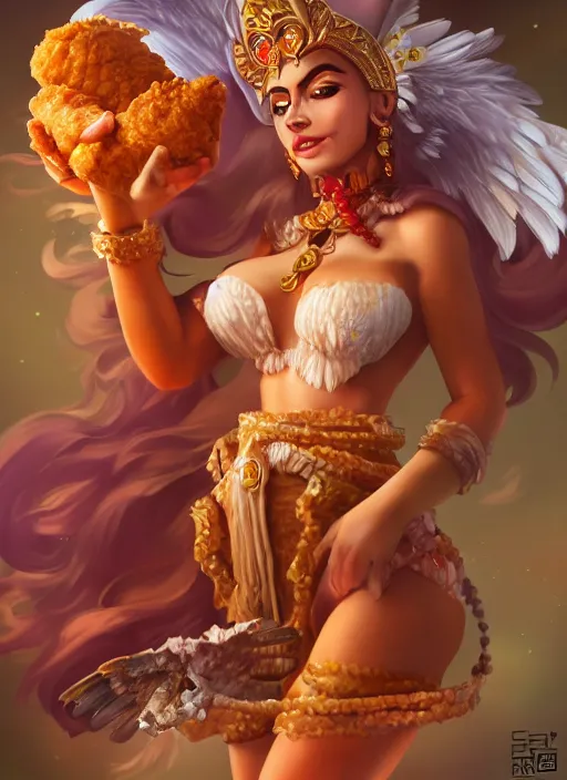 Image similar to the Goddess of Fried Chicken, detailed digital art, trending on Artstation