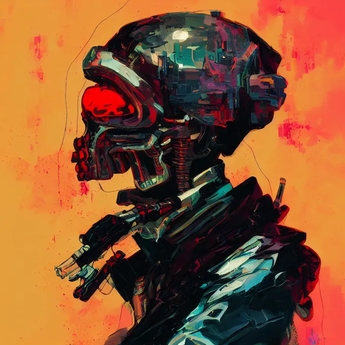 Prompt: a colorful comic noir illustration painting of a cyberpunk skull by sachin teng and sergey kolesov and sam yang and heng z. hyper detailed. octane render. trending on artstation