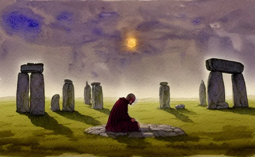 Prompt: a hyperrealist watercolour character concept art portrait of one small grey medieval monk kneeling down in prayer in front of a floating rock above a complete stonehenge monument on a misty night. a ufo is in the sky. by rebecca guay, michael kaluta, charles vess and jean moebius giraud