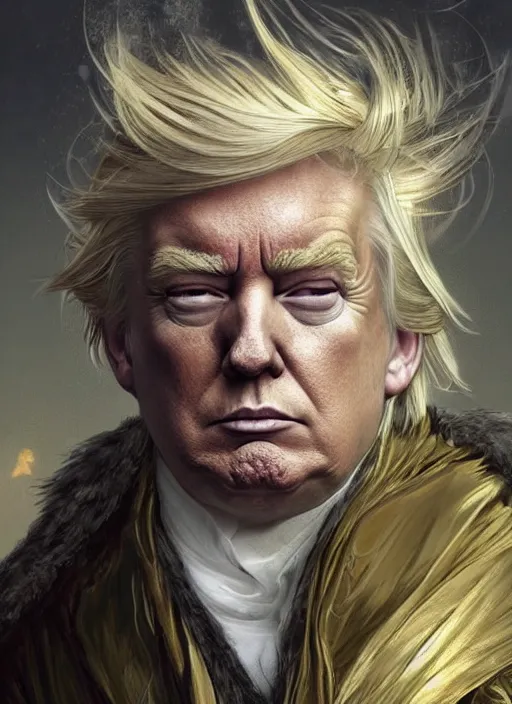 Image similar to Portrait of Donald Trump, white glowing eyes, silver shaggy hair, cloak, ethereal wings, male, fantasy, extremely detailed, digital painting, artstation, concept art, smooth, sharp focus, illustration, stunning lighting, art by artgerm and greg rutkowski and alphonse mucha and simon stalenhag, realistic character concept, high fantasy, light atmosphere, golden ratio, cinematic lighting, hyperdetailed, high resolution, insanely detailed and intricate, artstation, Marc Simonetti, Greg Rutkowski, 8k