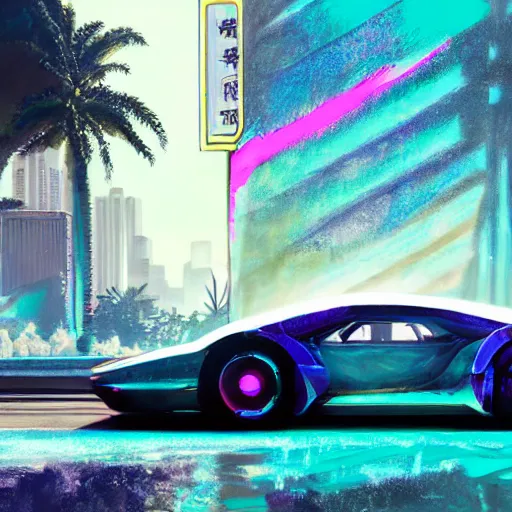 Prompt: vaporwave, car with holographic paint, pearlescent, elegant, digital painting, concept art, smooth, sharp focus, art style from Wang Ke and Greg Rutkowski and Bruce Kaiser and Scott Robertson and Dmitry Mazurkevich and Doruk Erdem and Jon Sibal, small style cue from Cyberpunk 2077