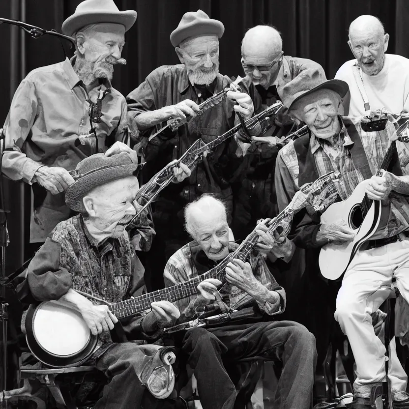 Prompt: black and white photo of 9 0 year old pete seeger playing a banjo and singing with lil nas x who is also playing a banjo - award winning