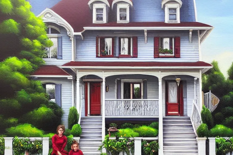 Image similar to painting of a famaly photo in front of the house, fine details, magali villeneuve, artgerm, rutkowski