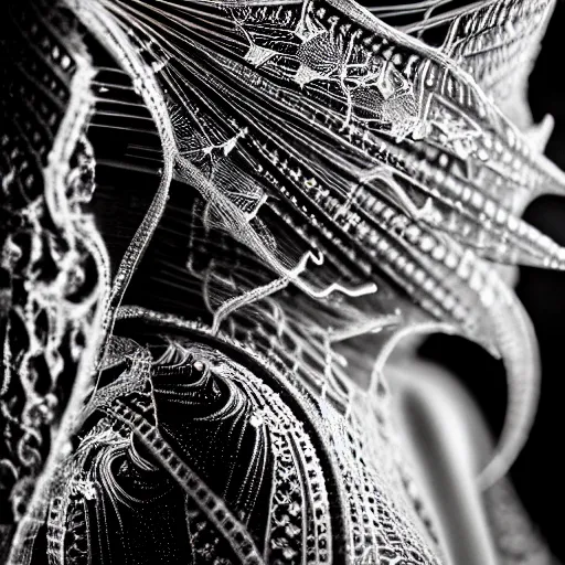 Prompt: an award finning closeup photo by a famous portrait photographer of a beautiful female bohemian cyberpunk musician in filigree fractal robes