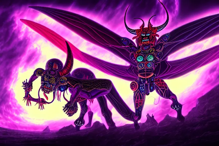 Image similar to epic pose of rebulon the ancient demon, by lisa frank, masterpiece concept art, 8 k, intricate detail, cinematic lighting, epic pose, deep colors, majestic view