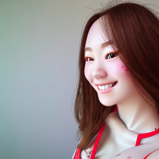 Image similar to beautiful hyperrealism selfie of a cute 3 d young woman smiling softly, long light bronze brown hair, cute freckles, flushed face, red blush, small heart - shaped face, soft features, emerald green eyes, chinese heritage, golden hour, 8 k, sharp focus, instagram