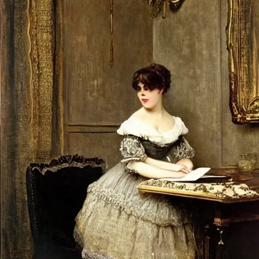 Image similar to victorian girl in ball gown writing a letter, painting by alfred stevens