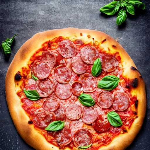 Prompt: Proper Italian pizza with salami and tomatoes, morning hard light, professional food photography, 80mm, top down