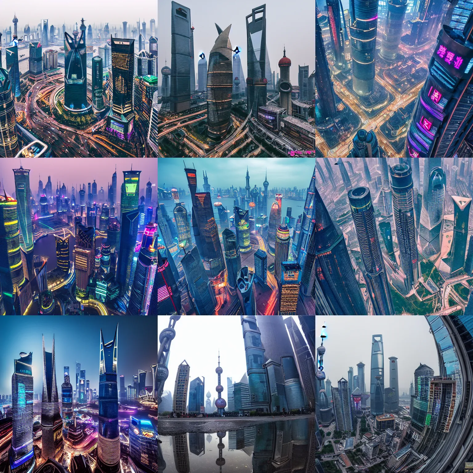 Prompt: shanghai city, cyberpunk, wide angle lens