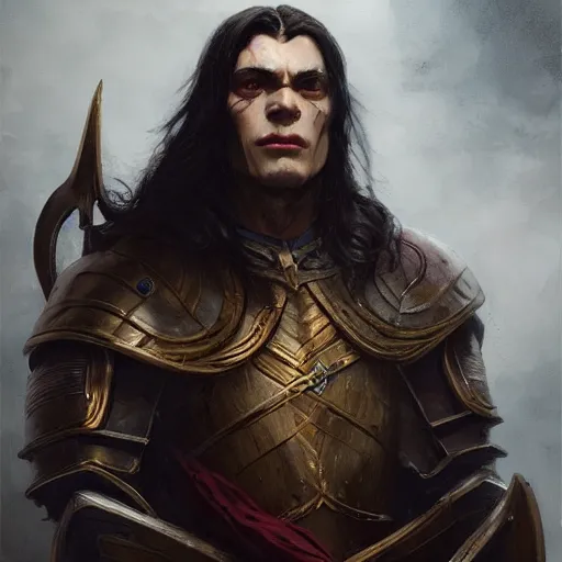 Image similar to character design, portrait of a attractive half elf half orc male with long black hair and proeminent cheekbones, medieval, dark armor, painting by wlop, nixeu and greg rutkowski, beautiful, cgsociety, semirealism, artstation, octane render, sharpness, 8 k, golden ratio