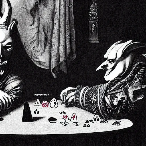Prompt: baphomet plays poker with Aleister Crowley