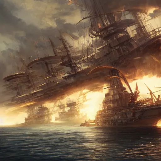 Prompt: a massive steampunk warship setting sail, an armada of airships flying above, style of alexandre chaudret, concept art, illustration, featured on artstation