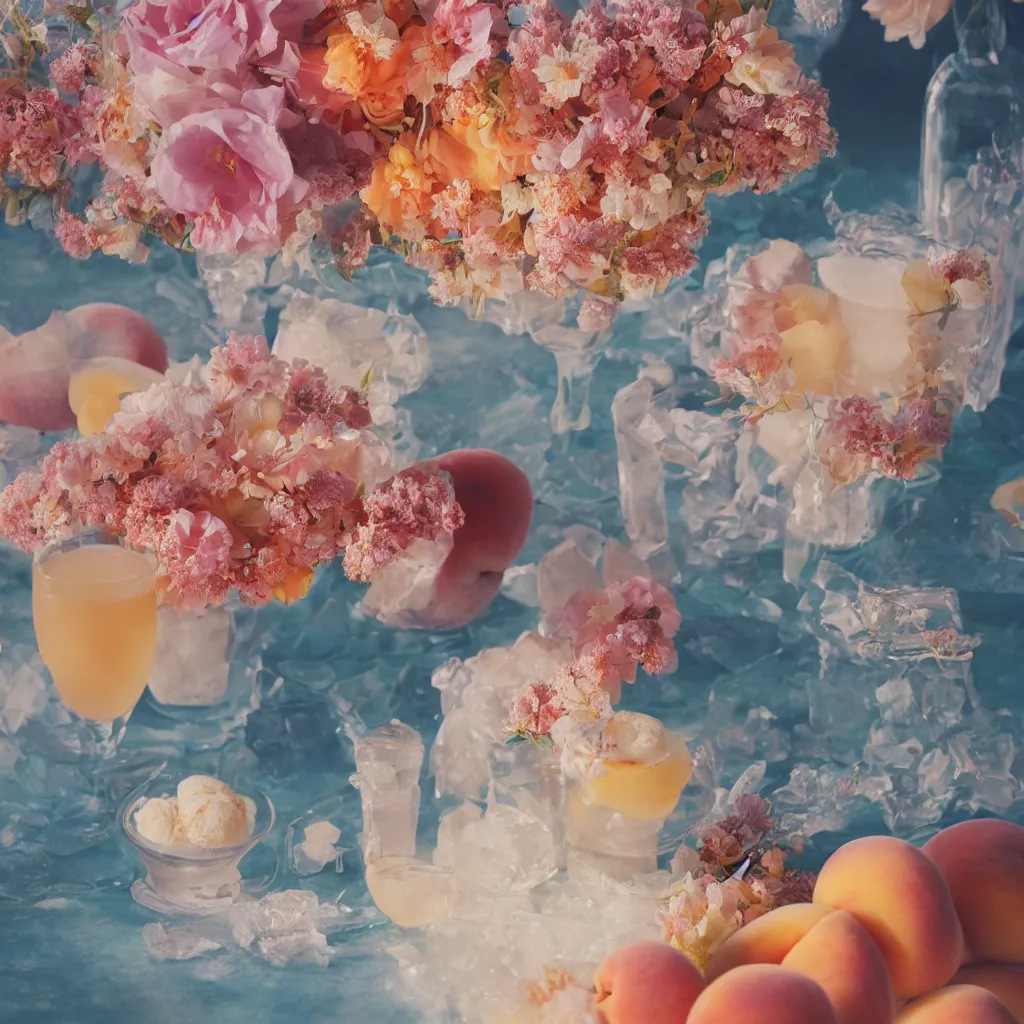 Prompt: cold drinks, ice cream, peach embellishment, books and flowers, trending on studio ghibli, dreamy, soft, global illumination, radiant light, intricate environment, luminescence, highly detailed, 8 k