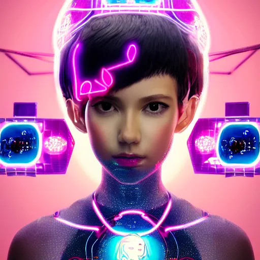 Image similar to a kawaii puerto rican goddess staring through the mothership of your souls, wearing a headpiece made of circuit boards and empathy machines, by alastair reynolds, ilya kuvshinov and stanley kubrick, pink, trending on artstation, cinematic, 3 d render, photorealistic