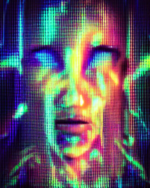 Prompt: cyber - polaroid of a female cyborg's face, emotion, cybernetic, ethereal curtain, chrome vortex, vibrant scattered light, reflective glass, chromatic aberration, 1 9 6 0 s, computer - generated, rainbow colored