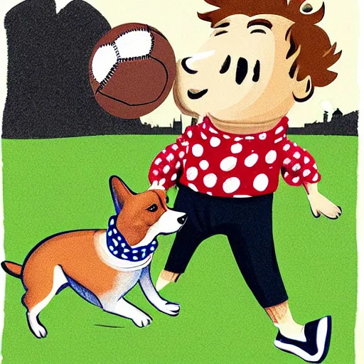 Image similar to illustration of french boy in paris playing football against a corgi, the dog is wearing a polka dot scarf