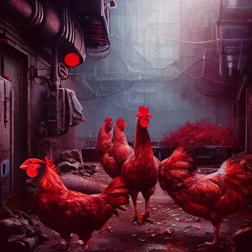 Image similar to chickens growing out of red mushroom, highly detailed, illustration, sci - fi art, cyberpunk, in the style of greg rutkowski, epic, realistic, intricate, hyper detailed, artstation, concept art, smooth, sharp focus, ray tracing