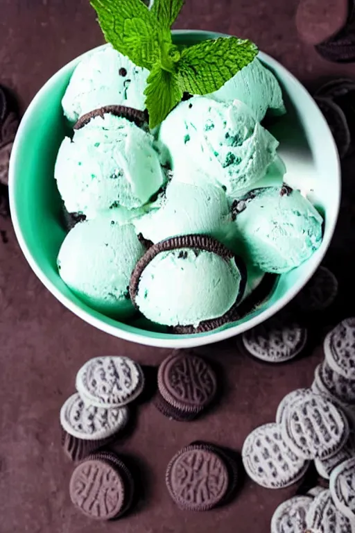 Image similar to refreshing white mint icecream with bits of oreo cookies inside, chocolate mint icecream